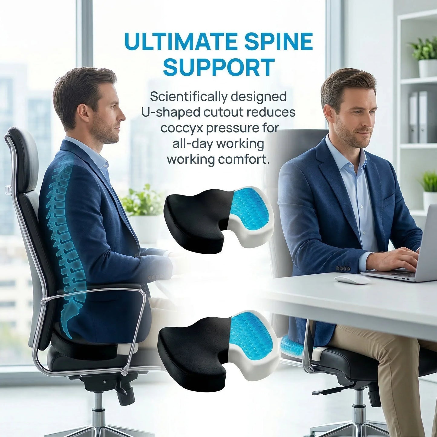 Memory Foam Seat Cushion with Cooling Gel | Office Chair Pillow for Coccyx with Non-Slip Base and Breathable Cover