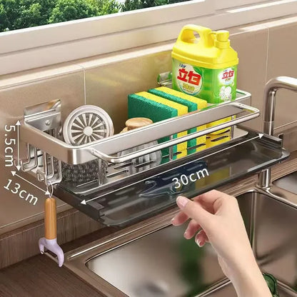 Self-Emptying Sink Shelf in Aluminum – No Drilling Kitchen Organizer