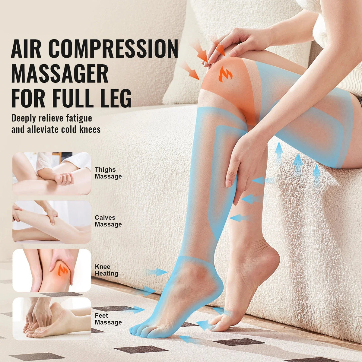 Air Compression Leg Massager with Heat – Full Foot, Calf, Thigh Wraps, 3 Modes & Intensities