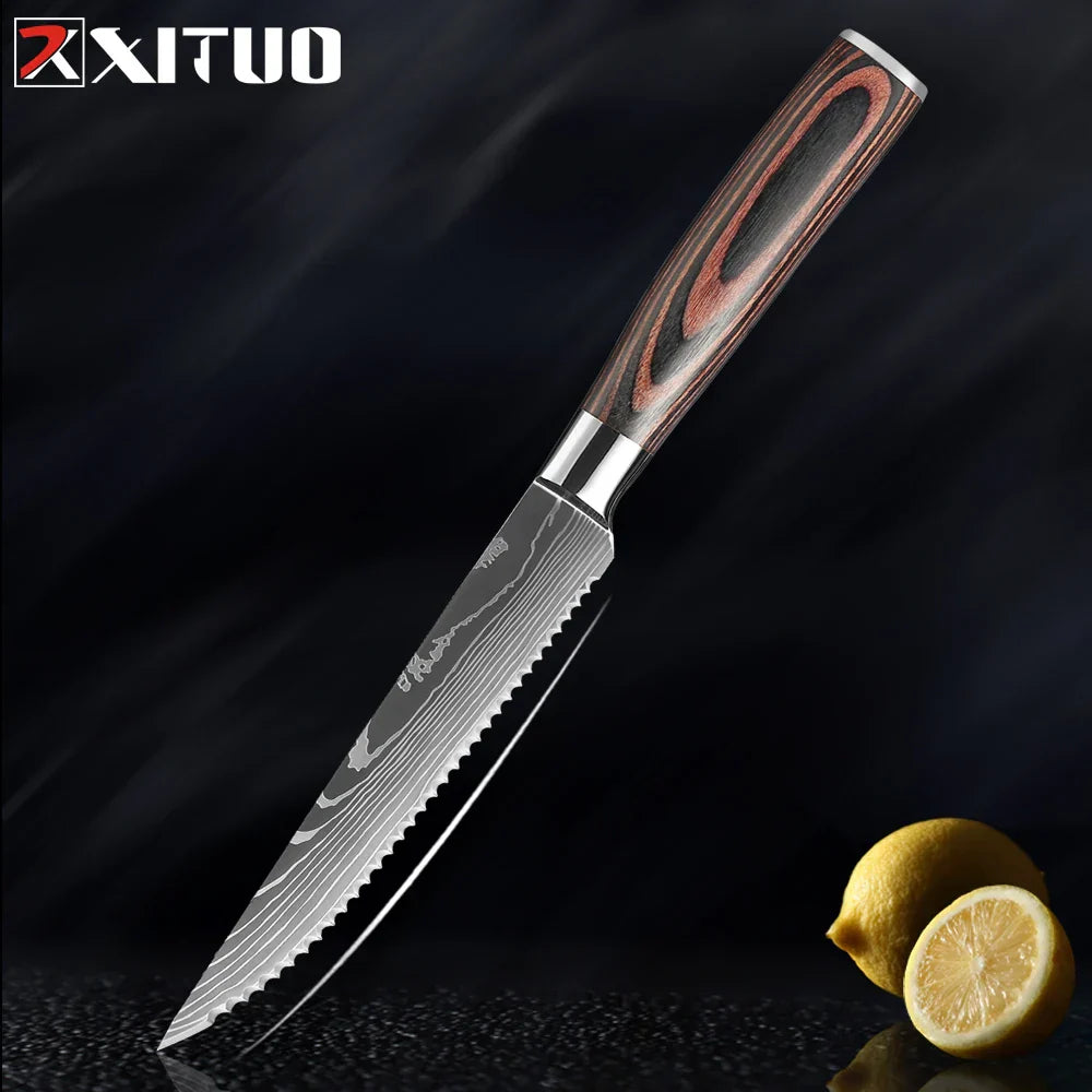 Kitchen Knife Collection - 1-9 Pieces Stainless Steel Chef, Santoku & Fruit Knives with Ergonomic Pakkawood Grip