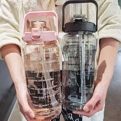 2L BPA-Free Water Bottle with Time Markers & Straw – 68oz Leakproof Hydration Tracker for Gym, Office, Travel