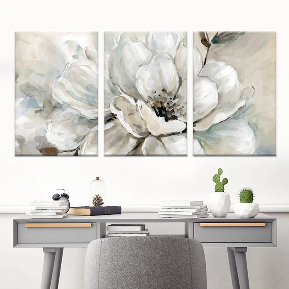 Large Beige and White Floral Canvas Prints - Modern Botanical Wall Decor for Living Room, Dining Room, Bedroom