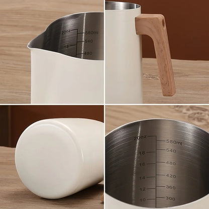 Modern Stainless Steel Milk Frother with Wood Grain Handle