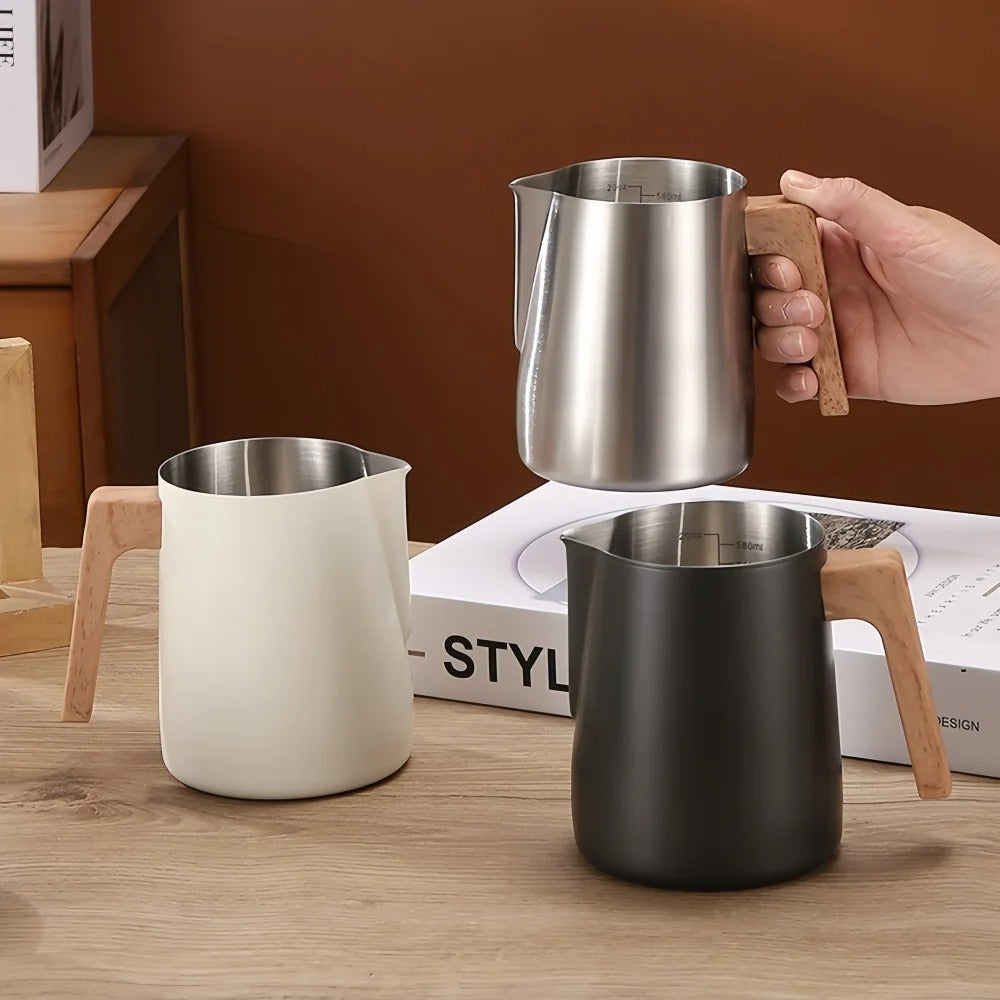 Modern Stainless Steel Milk Frother with Wood Grain Handle