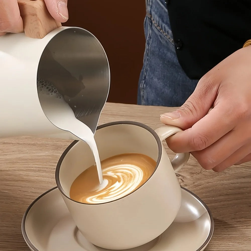 Modern Stainless Steel Milk Frother with Wood Grain Handle