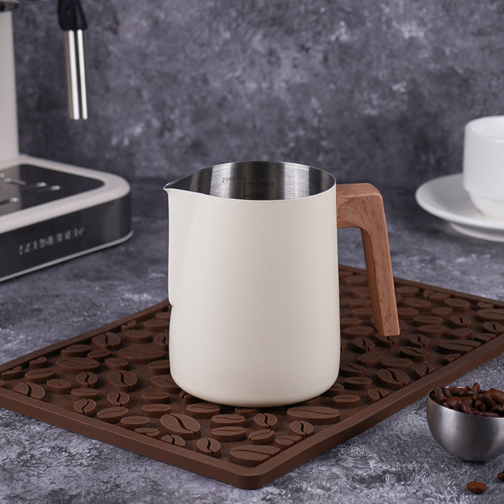 Modern Stainless Steel Milk Frother with Wood Grain Handle