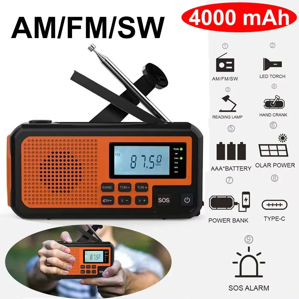4-in-1 Emergency Solar Radio with SOS Alarm, LED Light & Power Bank – USB, Hand Crank & Solar Charging