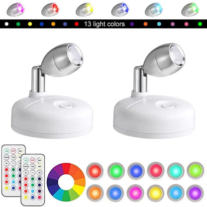 Wireless LED Spotlight Set of 2 with Remote Control – RGB Color Change & Timer, Adjustable for Photos, Cabinets & Walls