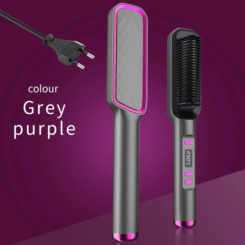 Hair Straightening Brush with LED Temperature Display & Anti-Scald Protection | 360° Rotating Cable