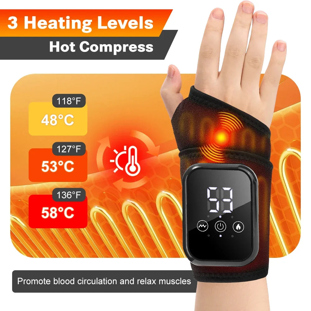 Heated Electric Wrist Brace with Vibration, Adjustable Strap & Timer