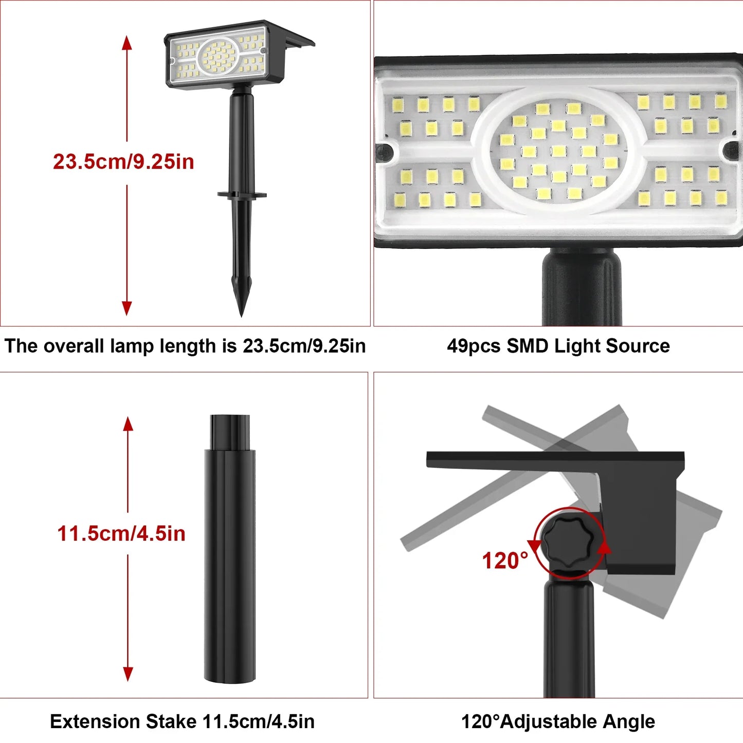 LED Solar Spotlight with 4 Light Colors & 49 LEDs - Weatherproof for Garden, Pathways & Outdoor - Rechargeable