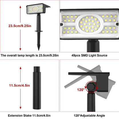 LED Solar Spotlight with 4 Light Colors & 49 LEDs - Weatherproof for Garden, Pathways & Outdoor - Rechargeable