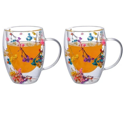Set of 2 Floral Infused Double-Wall Glass Mugs