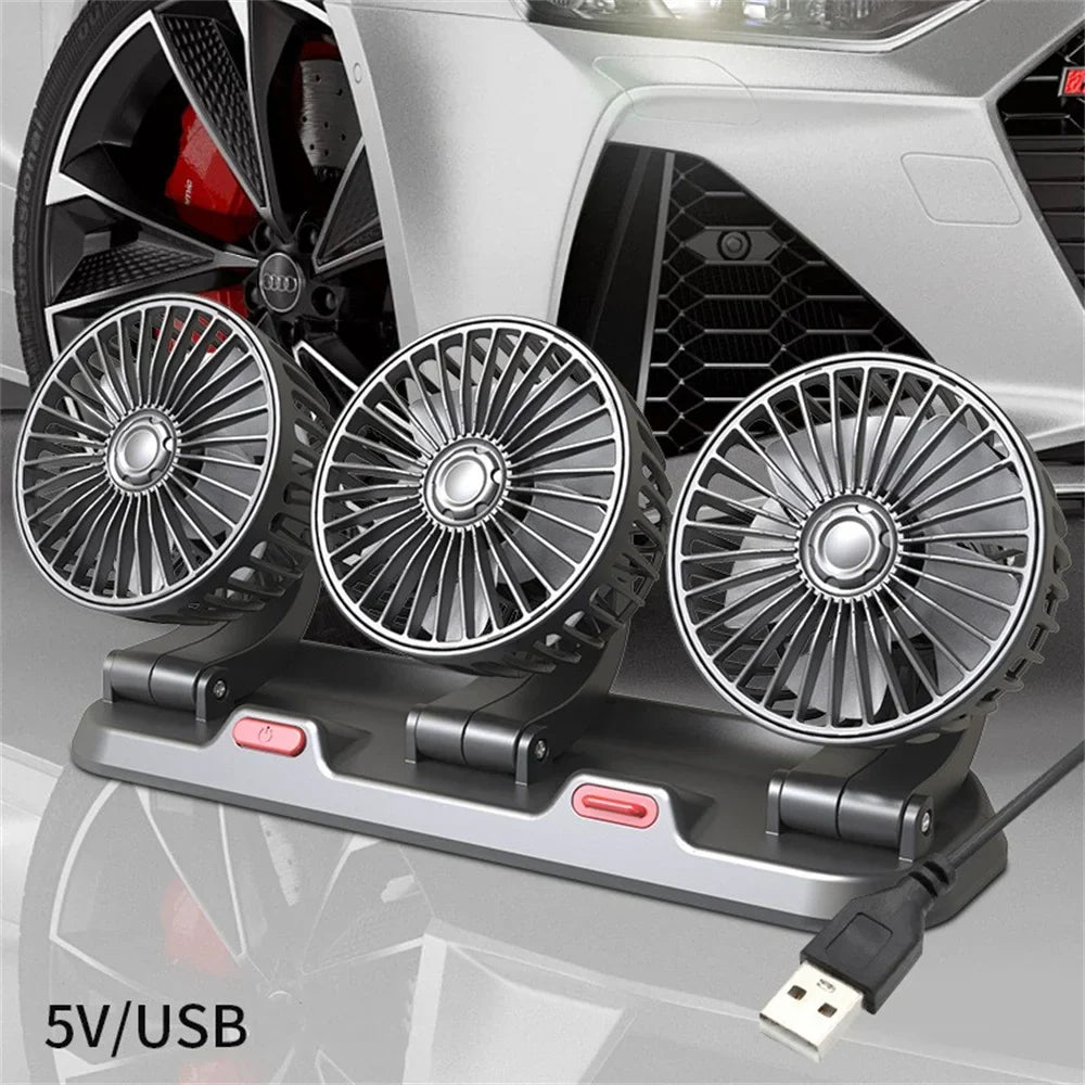 Automotive Electric Fan - 3-Head 360° Adjustable USB/12V/24V - Quiet Cooling for Home, Office & Car - 2 Speed Settings