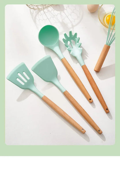Silicone Cooking Utensils Set - 12 Pieces with Wooden Handles