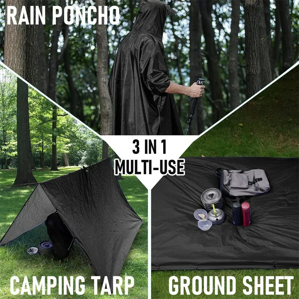 3-in-1 Waterproof Outdoor Military Raincoat with Hood and Sleeves – Ideal for Camping, Hiking, and Travel