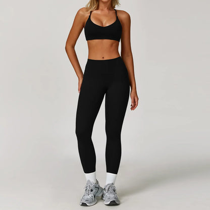 Women's Long Sleeve Sports Bra and Leggings Workout Set - Seamless Yoga Outfit with Breathable Stretch Material