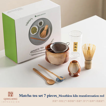Standard Size 7-Piece Ceramic Matcha Bowl and Whisk Set for Tea Ceremony