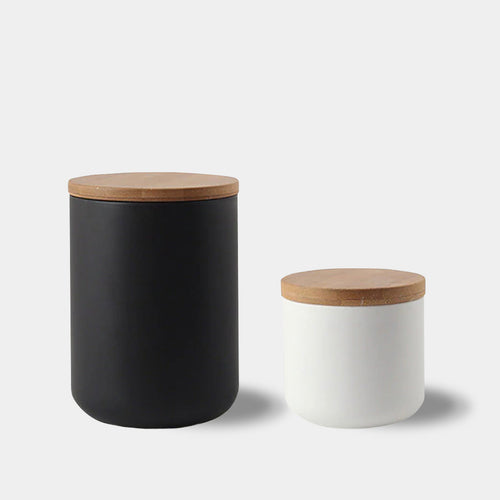Storage Jar in Black or White with Natural Wooden Lid
