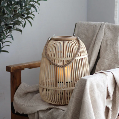 Outdoor and Tabletop Rattan Lantern with Flameless Candle