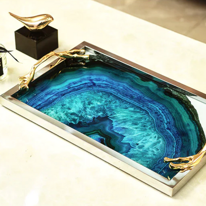 Serving Tray with Blue Agate Glass and Stainless Steel Frame