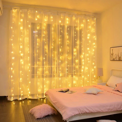 Warm White LED Fairy Curtain Lights with 8 Dynamic Modes for Relaxation