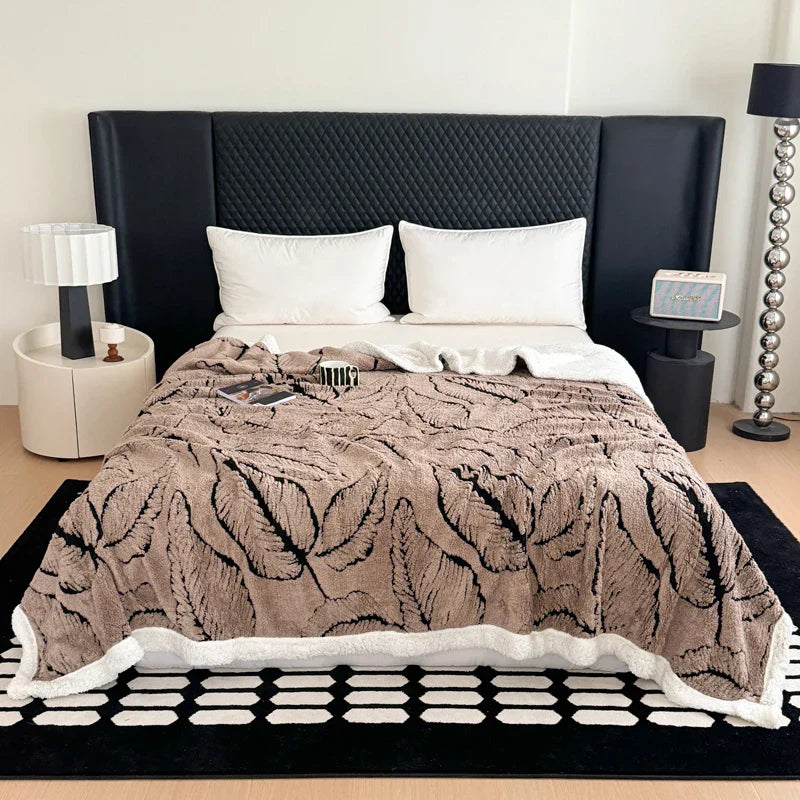 Cozy Lamb Fleece Blanket | Soft Velvet Throw with Gold Embossed Design | Stylish for Bed and Sofa