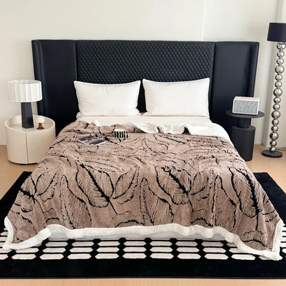 Cozy Lamb Fleece Blanket | Soft Velvet Throw with Gold Embossed Design | Stylish for Bed and Sofa