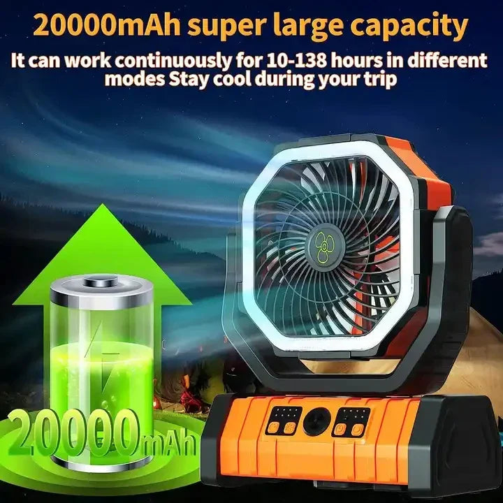 Portable 20000mAh Rechargeable Fan with LED Light & Hook for Outdoor Use