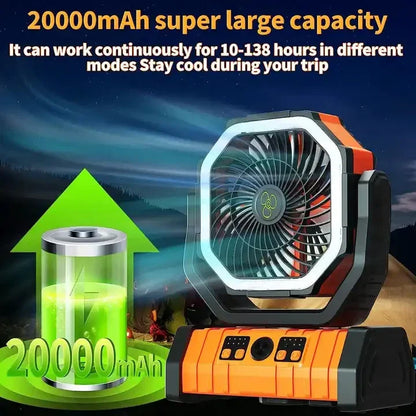 Portable 20000mAh Rechargeable Fan with LED Light & Hook for Outdoor Use