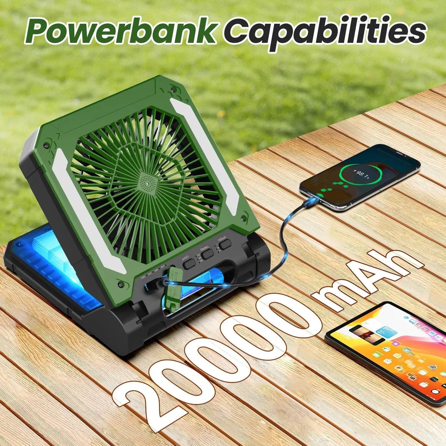 Portable 20000mAh Electric Fan with LED Light - USB, Solar & Car Charging for Camping