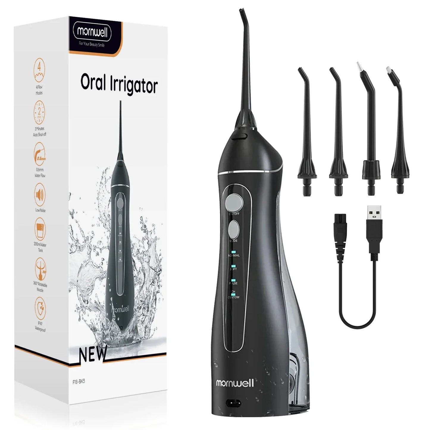 Portable Cordless Water Flosser - Rechargeable Oral Irrigator, 200ML Tank, 4 Tips, IPX7 Waterproof, 3 Settings