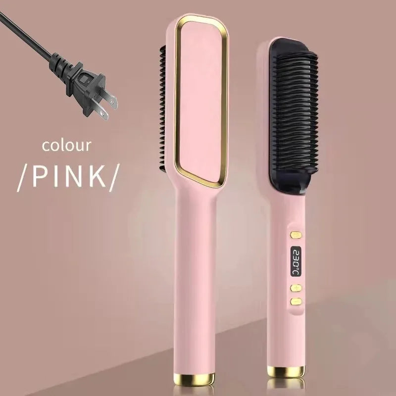 Hair Straightening Brush with LED Temperature Display & Anti-Scald Protection | 360° Rotating Cable