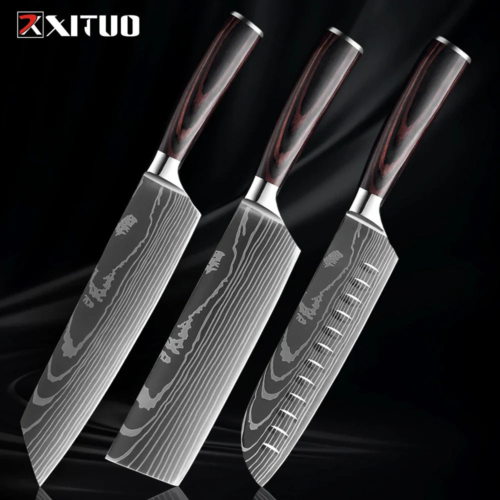 Kitchen Knife Collection - 1-9 Pieces Stainless Steel Chef, Santoku & Fruit Knives with Ergonomic Pakkawood Grip