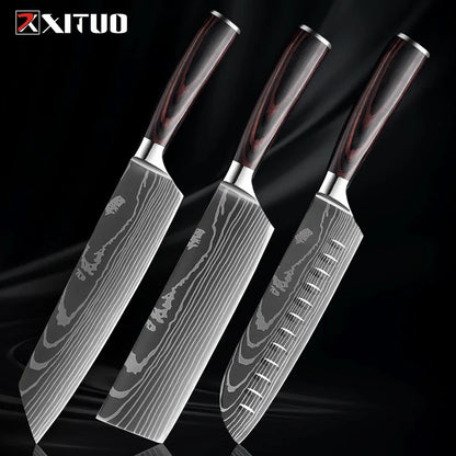 Kitchen Knife Collection - 1-9 Pieces Stainless Steel Chef, Santoku & Fruit Knives with Ergonomic Pakkawood Grip