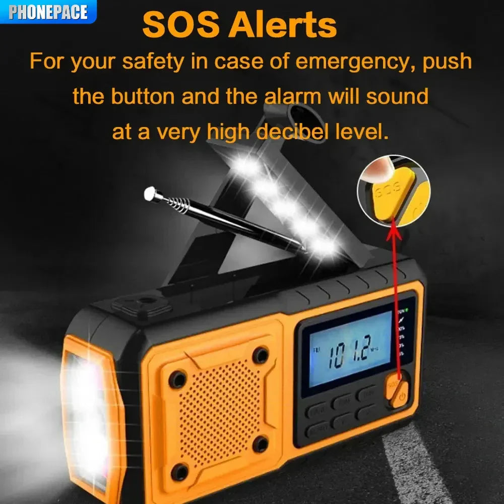 4-in-1 Emergency Solar Radio with SOS Alarm, LED Light & Power Bank – USB, Hand Crank & Solar Charging