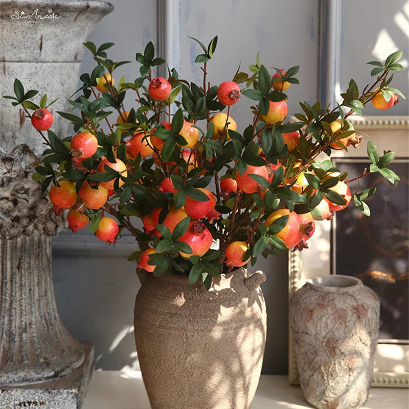 Vibrant 6-Branch Faux Pomegranate Decor with Lush Foliage