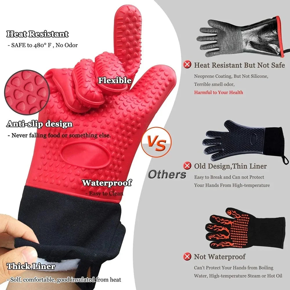 Silicone Grill Gloves - Heat Resistant & Non-Slip with Cotton Lining - 260°C Protection
