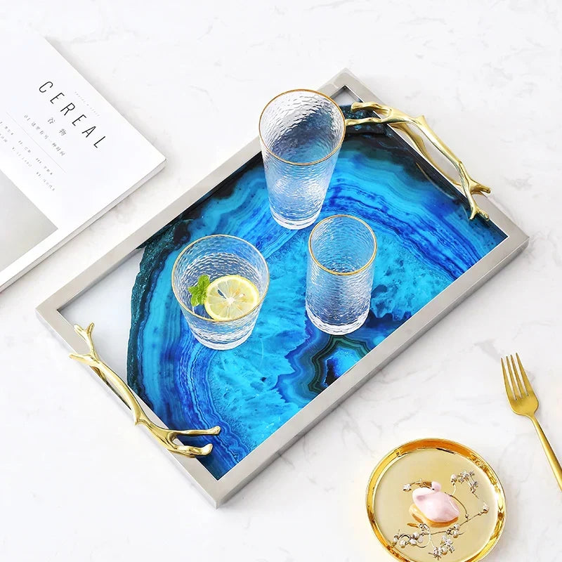 Serving Tray with Blue Agate Glass and Stainless Steel Frame