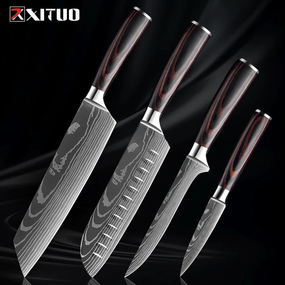Kitchen Knife Collection - 1-9 Pieces Stainless Steel Chef, Santoku & Fruit Knives with Ergonomic Pakkawood Grip