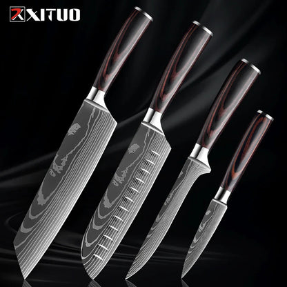 Kitchen Knife Collection - 1-9 Pieces Stainless Steel Chef, Santoku & Fruit Knives with Ergonomic Pakkawood Grip