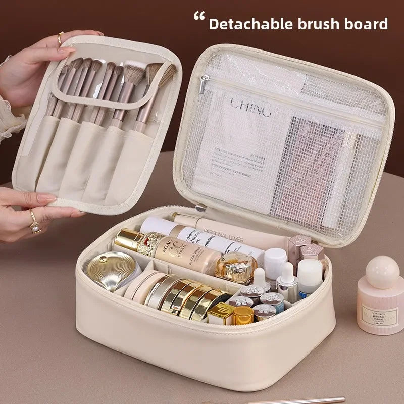 Large Waterproof Cosmetic Bag - Flexible Organizer in Rose/Black PU Leather