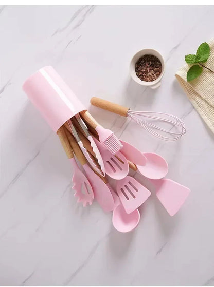 Silicone Cooking Utensils Set - 12 Pieces with Wooden Handles