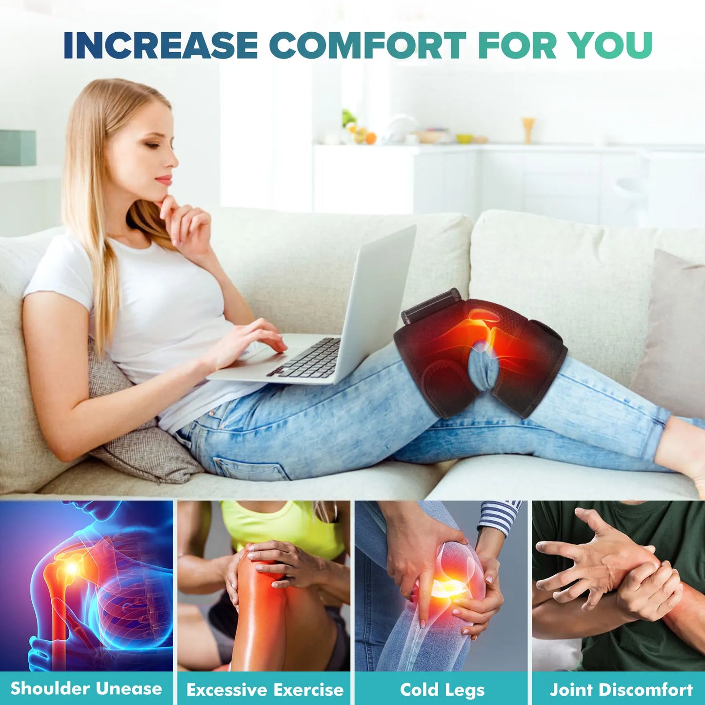 Vibrating Cordless Knee Massage Pad – 3 Heat Settings, 3 Modes, 4000mAh Battery, Adjustable Straps