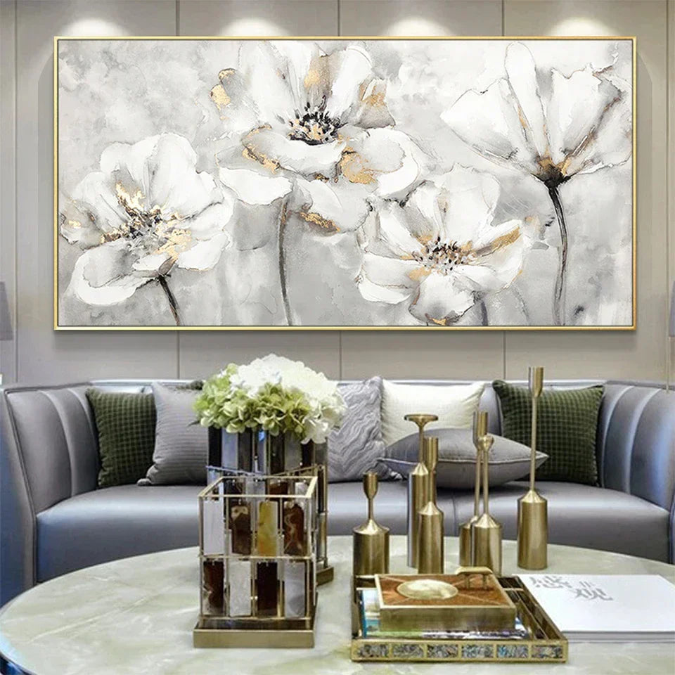 Large White Floral Abstract Canvas Wall Art for Home and Hotel Decor