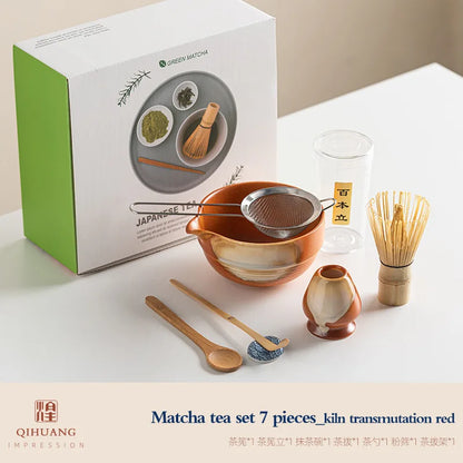 Standard Size 7-Piece Ceramic Matcha Bowl and Whisk Set for Tea Ceremony