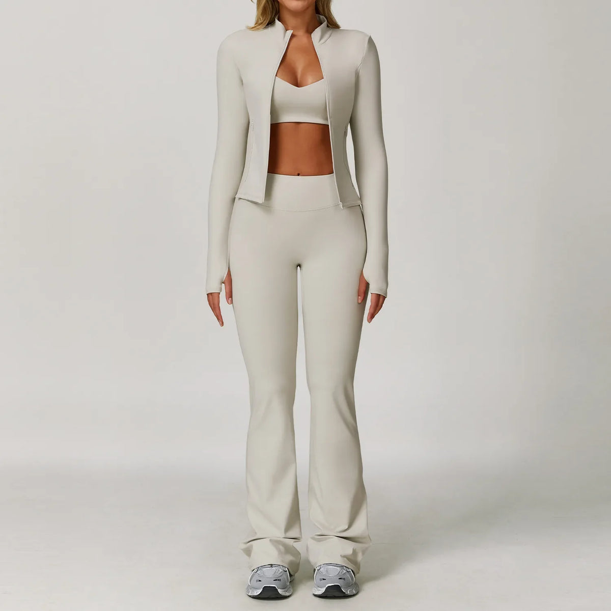 Women's Long Sleeve Sports Bra and Leggings Workout Set - Seamless Yoga Outfit with Breathable Stretch Material