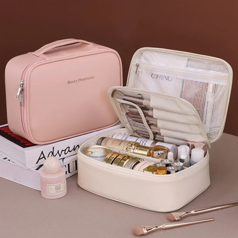 Large Waterproof Cosmetic Bag - Flexible Organizer in Rose/Black PU Leather