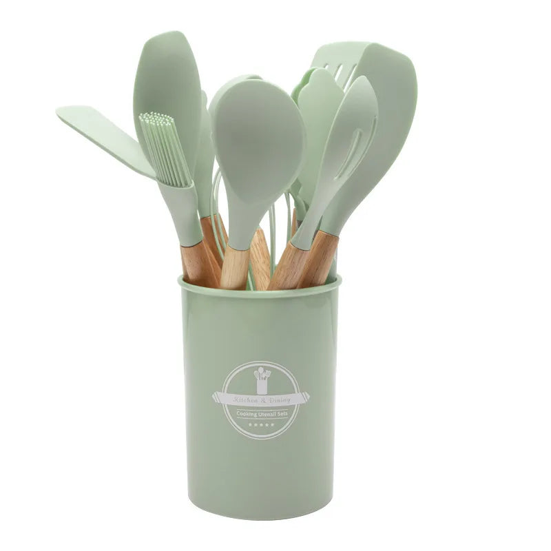 Kitchen Utensil Set - 12-Piece Silicone with Wooden Handle for Cooking, Frying & Serving