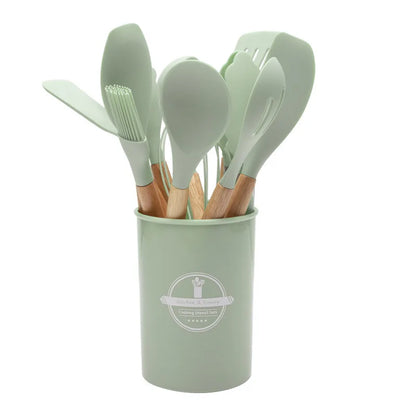 Kitchen Utensil Set - 12-Piece Silicone with Wooden Handle for Cooking, Frying & Serving